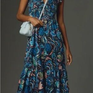 Anthropologie Blue Floral Tiered Midi Dress - The Peregrine Midi Dress